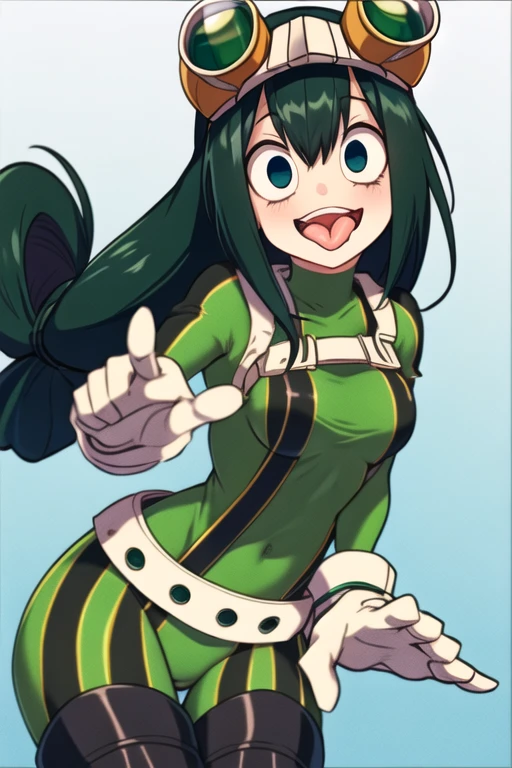 <lora:Tsuyu Asui:0.8>, asui tsuyu, green bodysuit, goggles, black eyes, low-tied long hair, hair rings, white gloves, looking at viewer, medium breasts, belt, tongue out, mature female, open mouth, long tongue