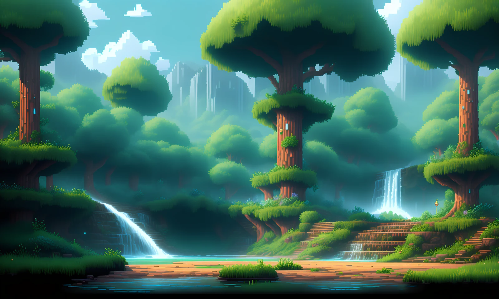 pixelart video game environment ,forest with waterfalls and trees everywhere,   <lora:pixhell:1>, pixelart style