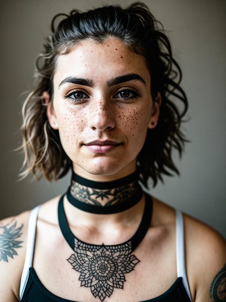 photo, rule of thirds, dramatic lighting, medium hair, detailed face, detailed nose, woman wearing tank top, freckles, collar or choker, smirk, tattoo, intricate background