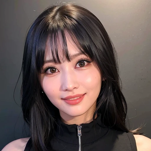 "1girl,photo of momo, brown hair,best quality,,black shirt,black miniskirt,(detailed face:1.4), (looking at viewer:1.4), shiny skin, smile, simple background ,(half body:1) <lora:momotwice_v1.0-000003:0.850>