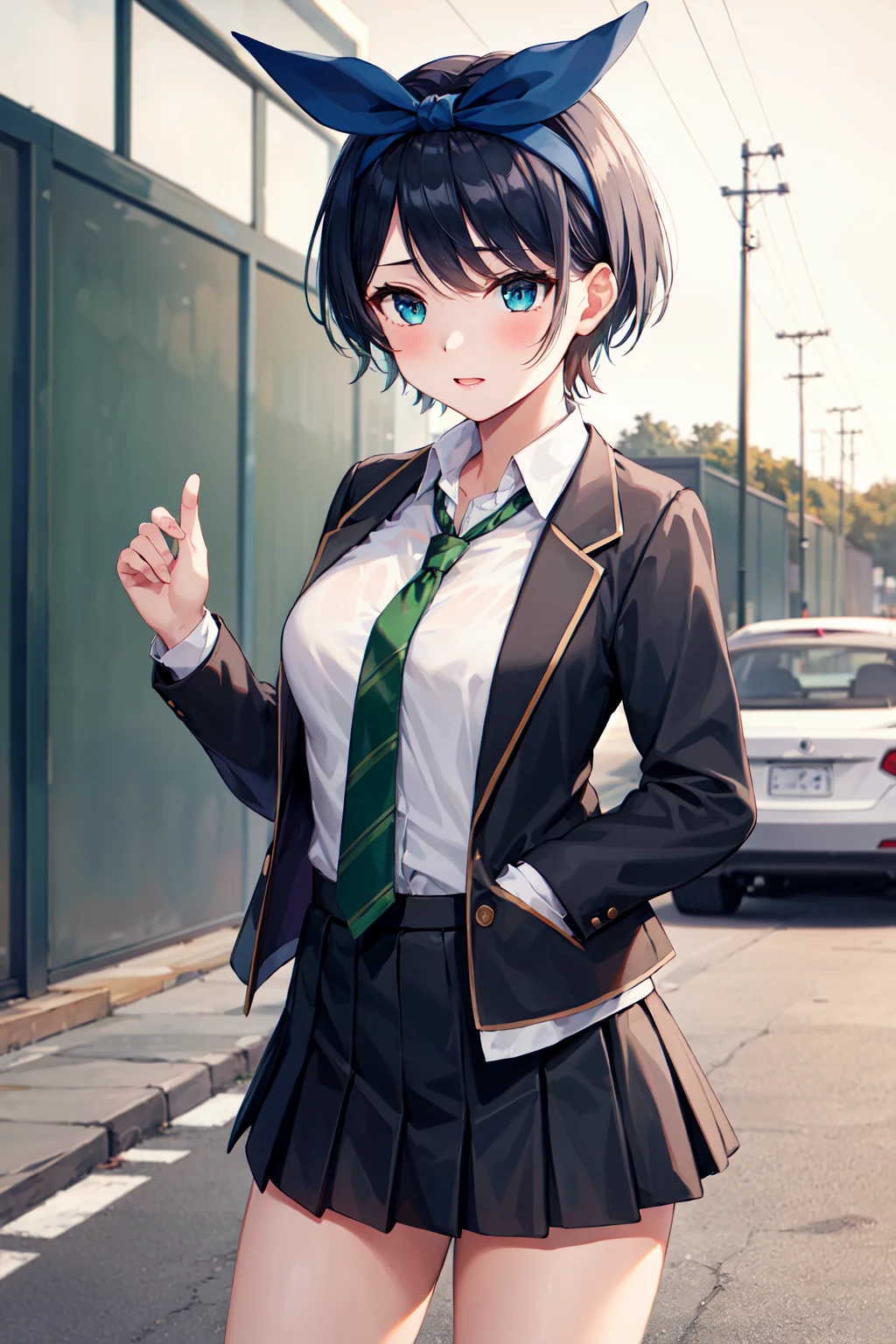 masterpiece, best quality, highres, 1girl, solo, skirt, jacket, shirt, blue eyes, white shirt, necktie, green necktie, black hair, pleated skirt, socks, diagonal-striped necktie, open jacket, open clothes, striped necktie, collared shirt, black jacket, black skirt, striped, blazer, short hair, long sleeves, bangs, school uniform, black socks, diagonal stripes, hairband, hair ribbon, ribbon, blue hairband, dress shirt, bow, <lora:sarashina_ruka_v10:0.6>, cowboy shot