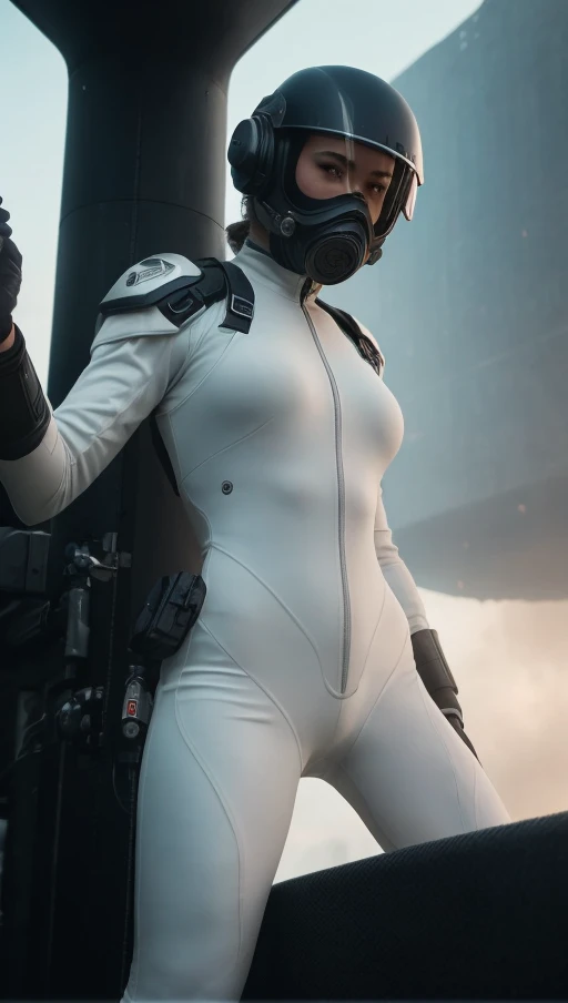 . <lora:rMadArt3_NoiseOffset:4>, armed female figure in a white sci-fi suit (tight jumpsuit), at the spaceport, against the background of a sci-fi ship taking off, overcast, mask, sci-fi visor, sci-fi lens, sci-fi respirator, bald head, plate armor, isolated armor, third-person view from below, lots of fine detail in the style of 'pursuit' by gesaffelstein, photorealistic, cinematic lighting, dark atmosphere, volumetric lighting, action pose, epic scene, lots of fine detail, movie style, photography, natural textures, natural light, natural blur, photorealism, cinematic rendering, ray tracing, highest quality, highest detail, Cinematic, Blur Effect, Long Exposure, 8K, Ultra-HD, Natural Lighting, Moody Lighting, Cinematic Lighting, hyper-realistic, vibrant, 8k, detailed, ultra detail,