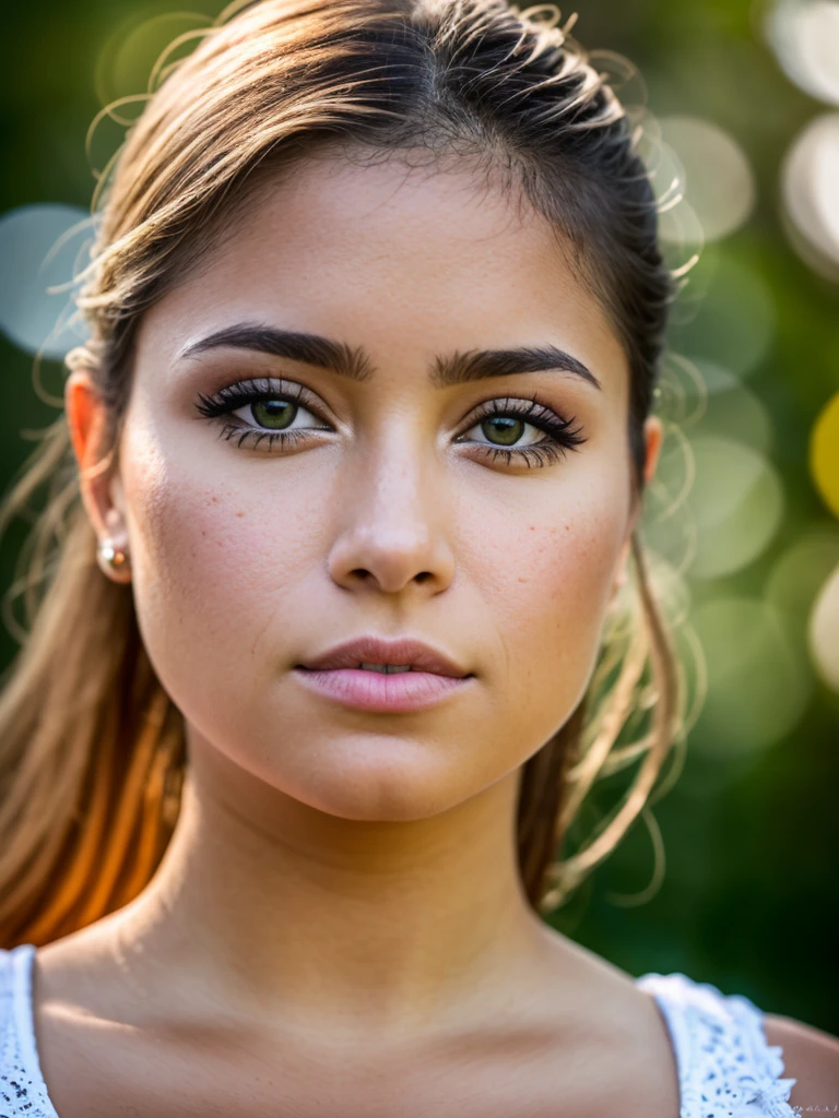 Bokeh, raw, ((dappled light on face)), close portrait, (extreme skin details), thicc (30yo gabrielle monique), ultra realistic, rule of thirds, dramatic lighting, detailed face, cute, shallow depth of field, intricate details, god rays,