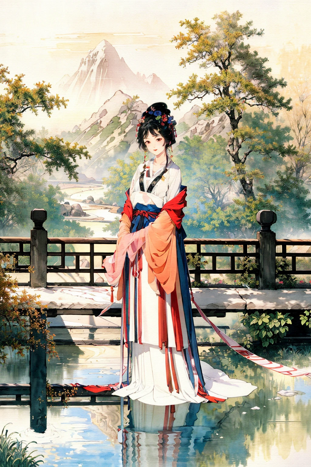 shukezouma,(illustration:1.1),(best quality),(masterpiece:1.1),(panorama shot:1.3),(full body:1.25),(solo:1.2),highres,
(ink splashing),(color splashing),(watercolor),mountainous horizon,
1girl sitting, garden,bridge,river,reflection, bonian,ru_qun,hanfu,hanfugirl,white shirt, white skirt,
looking behind, make happy expressions,soft smile,pure,beautyfull detailed face and eyes,normal breasts
black hair,black eyes,