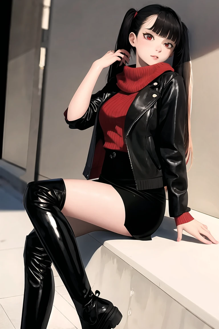 dynamic angle, absurdres,original,extremely delicate and beautiful,beautiful detailed eyes and face,1girl, black_hair, twintails, looking_at_viewer, solo,(masterpiece:1.4),(best quality:1.4),black leather thigh boots, sweater, open jacket, pencil skirt, scarf, medium breasts, red eyes, very long hair, black pantyhose, blunt bangs, sugar_botz, <lora:SUGARV2-000008:0.85>