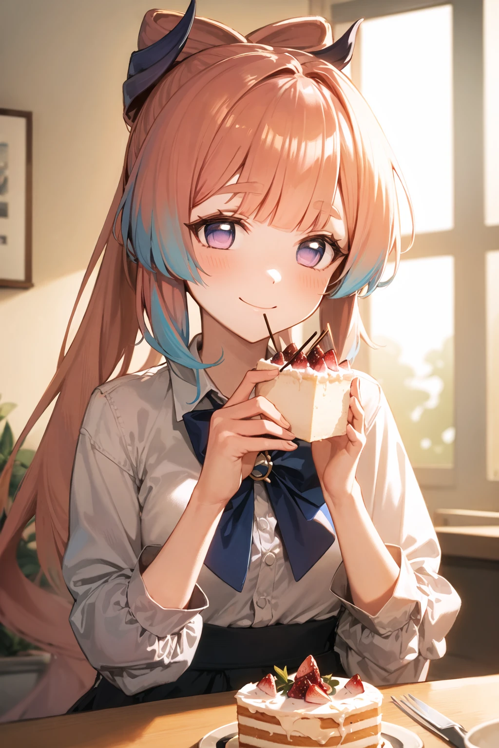 (Realistic painting style:0.9), masterpiece, best quality,  absurdres, looking at viewer, solo, sangonomiya kokomi, no pupils, alternate costume, 1girl, solo, food, pink hair, bow, purple bow, shirt, white shirt, looking at viewer, bangs, skirt, purple eyes, bowtie, multicolored hair, ponytail, long hair, cake, indoors, frills, blush, holding, collared shirt, purple bowtie, hair bow, sitting, purple skirt, bow-shaped hair, window, blunt bangs, cake slice, smile, sidelocks, blue bow, shirt tucked in, sleeves rolled up, fruit, upper body, center frills, gradient hair, dress shirt, light particles, strawberry, pocky, blue hair
 <lora:kokomi_1024_Lion_dim64_KohyaLoRA_fp32_1e-1noise_token2_18-3-2023:1>