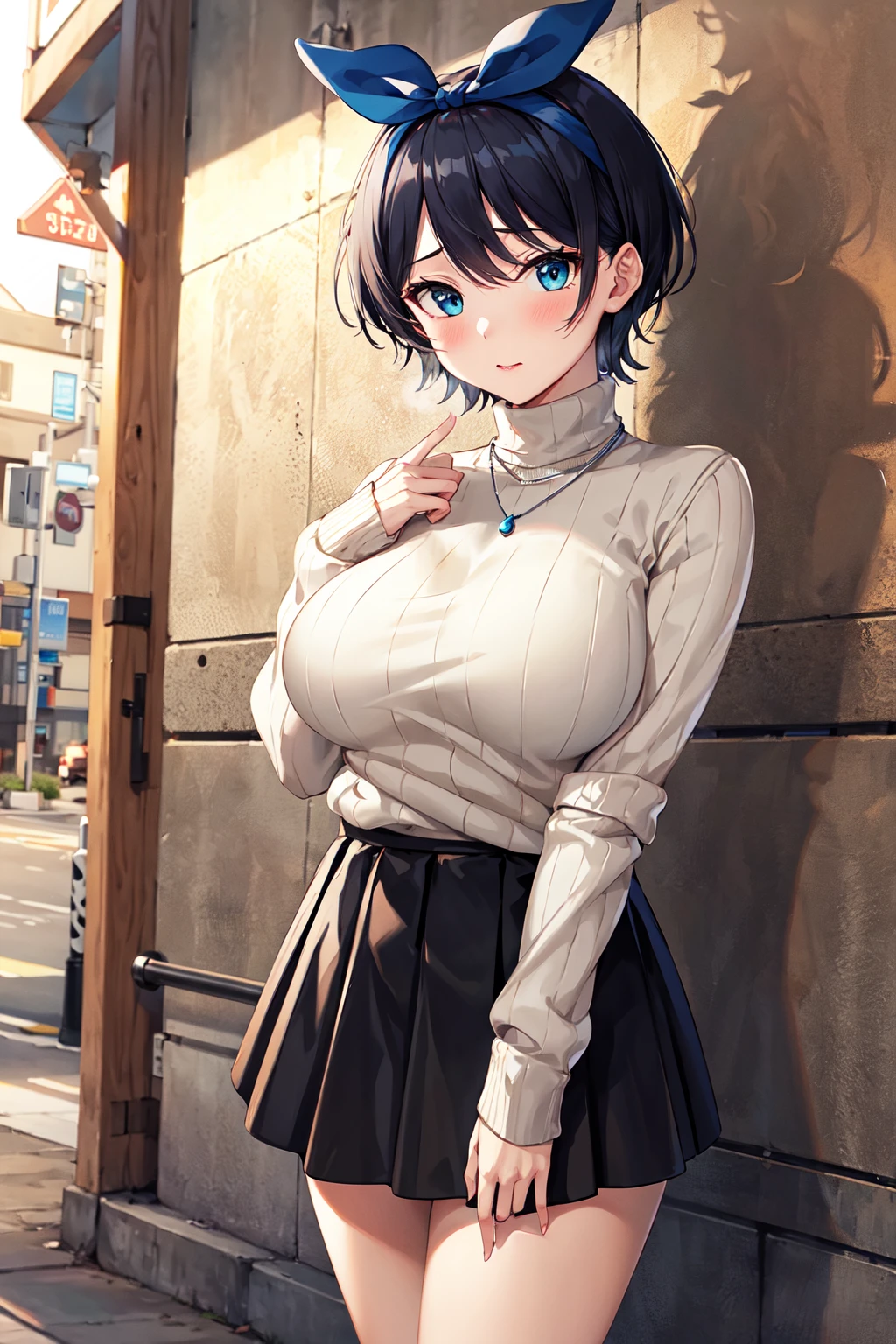 masterpiece, best quality, highres, 1girl, solo, jewelry, skirt, sweater, necklace, black skirt, black hair, short hair, ribbed sweater, socks, turtleneck sweater, turtleneck, white socks, blue eyes, long sleeves, pleated skirt, ribbon, breasts, bow, hair ribbon, hairband, hair bow, bangs, large breasts, sarashina ruka, <lora:sarashina_ruka_v10:0.7>