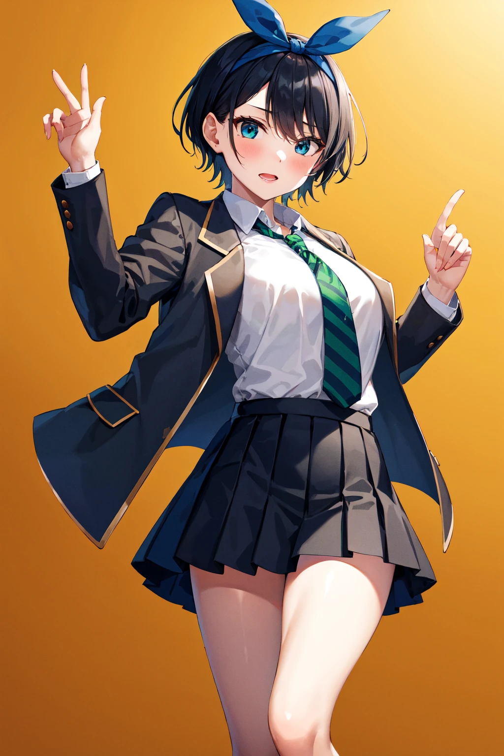 masterpiece, best quality, highres, 1girl, solo, brown footwear, skirt, jacket, shirt, blue eyes, white shirt, necktie, green necktie, black hair, pleated skirt, socks, diagonal-striped necktie, open jacket, open clothes, striped necktie, collared shirt, black jacket, black skirt, striped, blazer, short hair, long sleeves, bangs, school uniform, black socks, diagonal stripes, hairband, hair ribbon, ribbon, blue hairband, dress shirt, bow, <lora:sarashina_ruka_v10:0.6>, cowboy shot