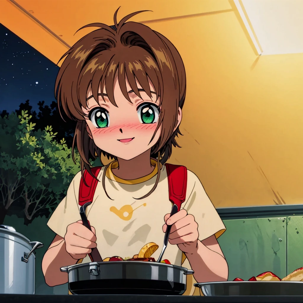 masterpiece, 1girl, highres, kinomoto_sakura with green eyes, wearing (casual clothes), shy, blush, smiling, looking at viewer, happy, (lot of food)
BREAK
(midnight:1), starry sky, darkness, moody lighting, (cooking outside)
BREAK
realistic lighting, very detailed, full of detail