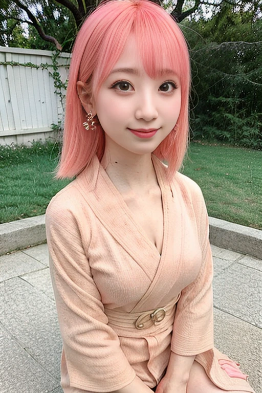 "1girl,photo of realyami, pink hair, (short hair:0.550),best quality, earrings,(kimono:1.4),torii, cherry blossoms, (detailed face:1.4), (looking at viewer:1.25), shiny skin, smile, simple background,((half body:1)) <lora:realyami_v1.2-000015:1>