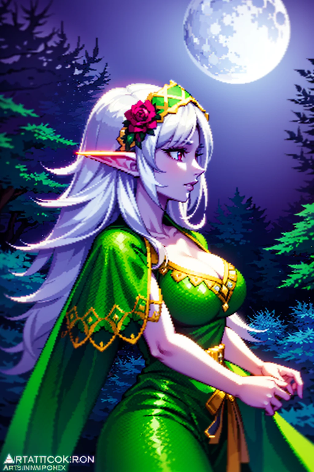 1girl, cowboy shot of beautiful elf druid, athletic, colored skin, purple skin, white eyes, white hair, green dress, flower crown, dark fantasy, dark atmosphere, forest, night, moon, glowing butterflies, volumetric lighting, best quality, masterpiece, intricate details, tonemapping, sharp focus, very detailed, trending on Artstation, realistic, pixel art  <lora:sxz-pxl-v1:0.8>