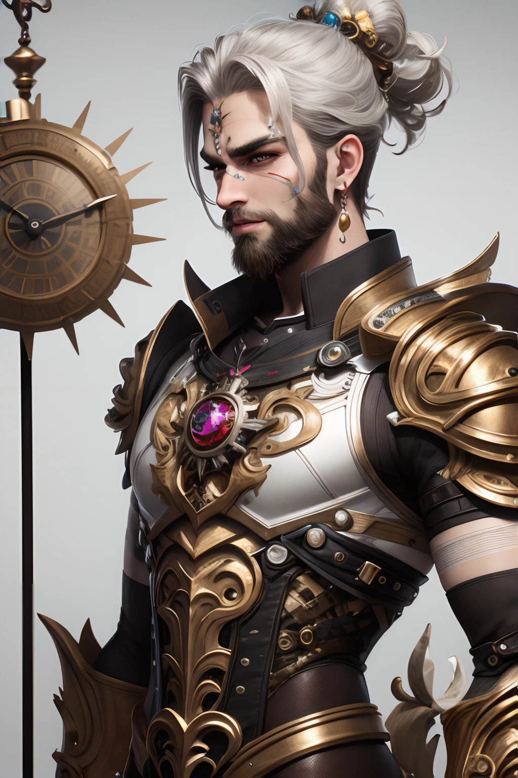 masterpiece, high quality, 3d, 8k cg, intricate details, detailed background, sacred. ornaments, byDylanKowalski,
1boy, upper body, muscular, beautiful detailed eyes, beard, scar on face, skindentation, looking to the side, short hair, prosthesis,
bronze, brass, titanium, diamond, ruby, sapphire, gemstones, silver, pearl, holographic, steampunk, clockwork, grunge, worn edges, desolving, armor, synthetic,
<lora:GFman-000002:0.7>, <lora:dylanKowalski:0.4>,