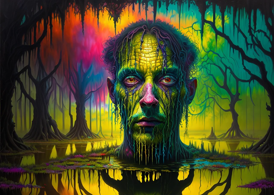 surrealist oil drybrush painting portrait of an extradimensional man in the swamp of thought and reflection, vivid colors, atmospheric lighting