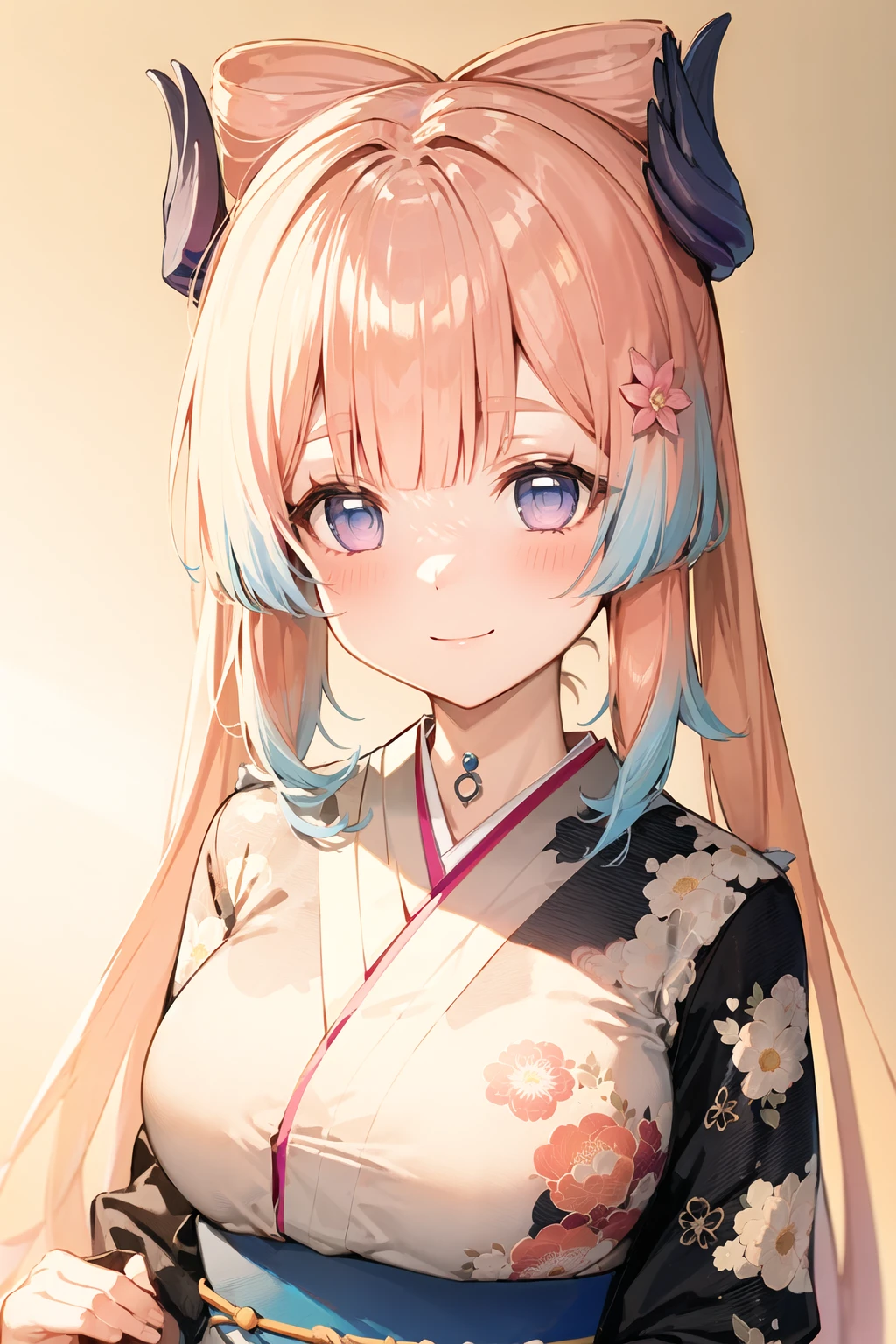 (Realistic painting style:0.9), masterpiece, best quality, absurdres, looking at viewer, solo,sangonomiya kokomi, no pupils, 1girl, japanese clothes, kimono, hair ornament, solo, pink hair, smile, looking at viewer, bow-shaped hair, flower, long hair, bangs, wide sleeves, multicolored hair, frilled sleeves, holding, hair flower, sash, (closed mouth:1.2) , floral print, obi, long sleeves, blue eyes, blunt bangs, new year, upper body, gradient hair, alternate costume, purple eyes, :d, frills, blush, white kimono, blue hair, colored tips, print kimono, large breasts
<lora:kokomi_1024_Lion_dim64_KohyaLoRA_fp32_1e-1noise_token2_18-3-2023:1>