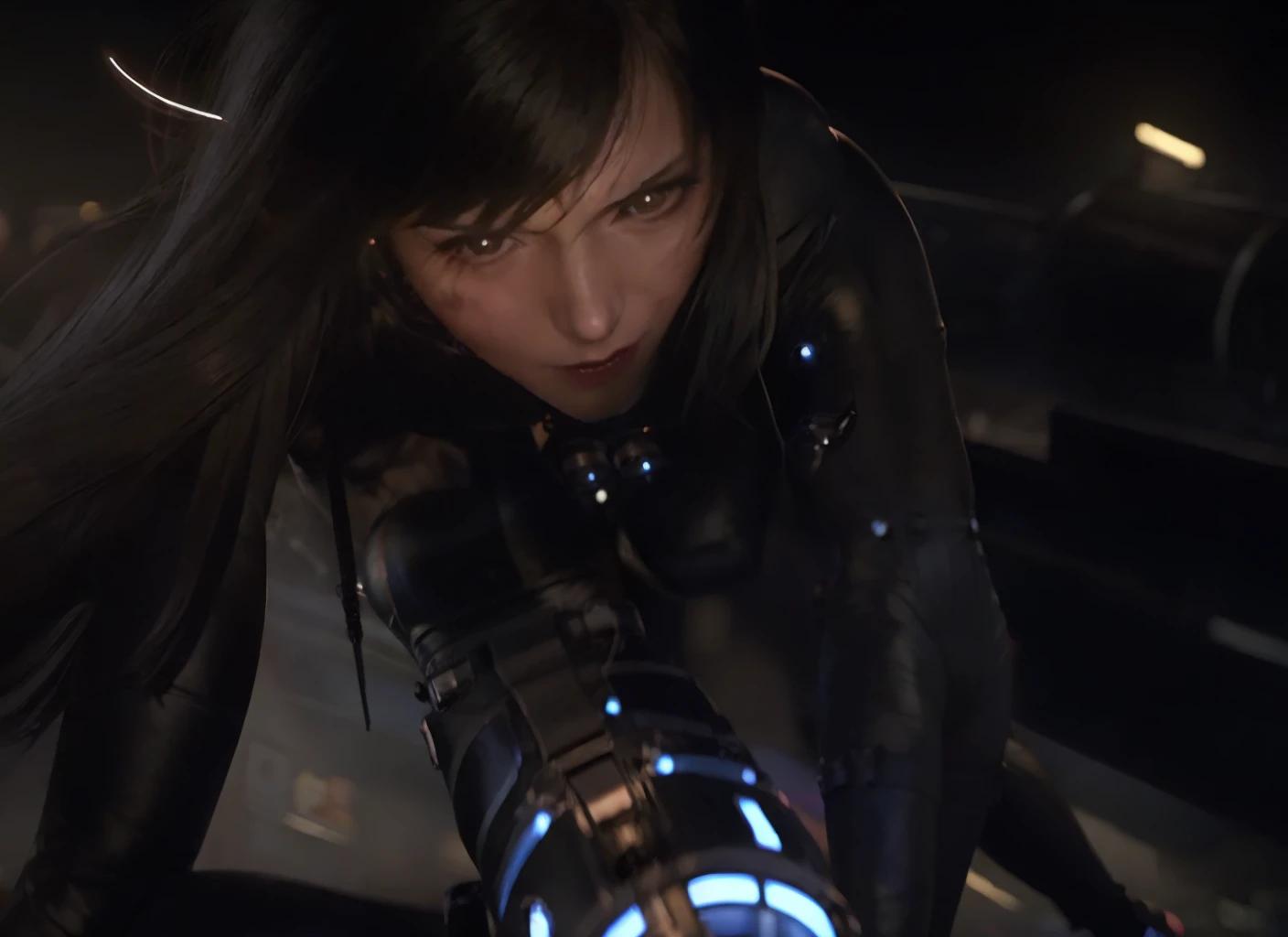 <Tokyo night city background>,(8k, RAW photo, best quality, masterpiece:1.2), (realistic, photo-realistic:1.37), 1girl, solo, mid shot,ultra detail, reika,large breasts, black leather bodysuit, jewelry, full body, black eyes, cyberpunk, night, fighting, spotlight, weapon,