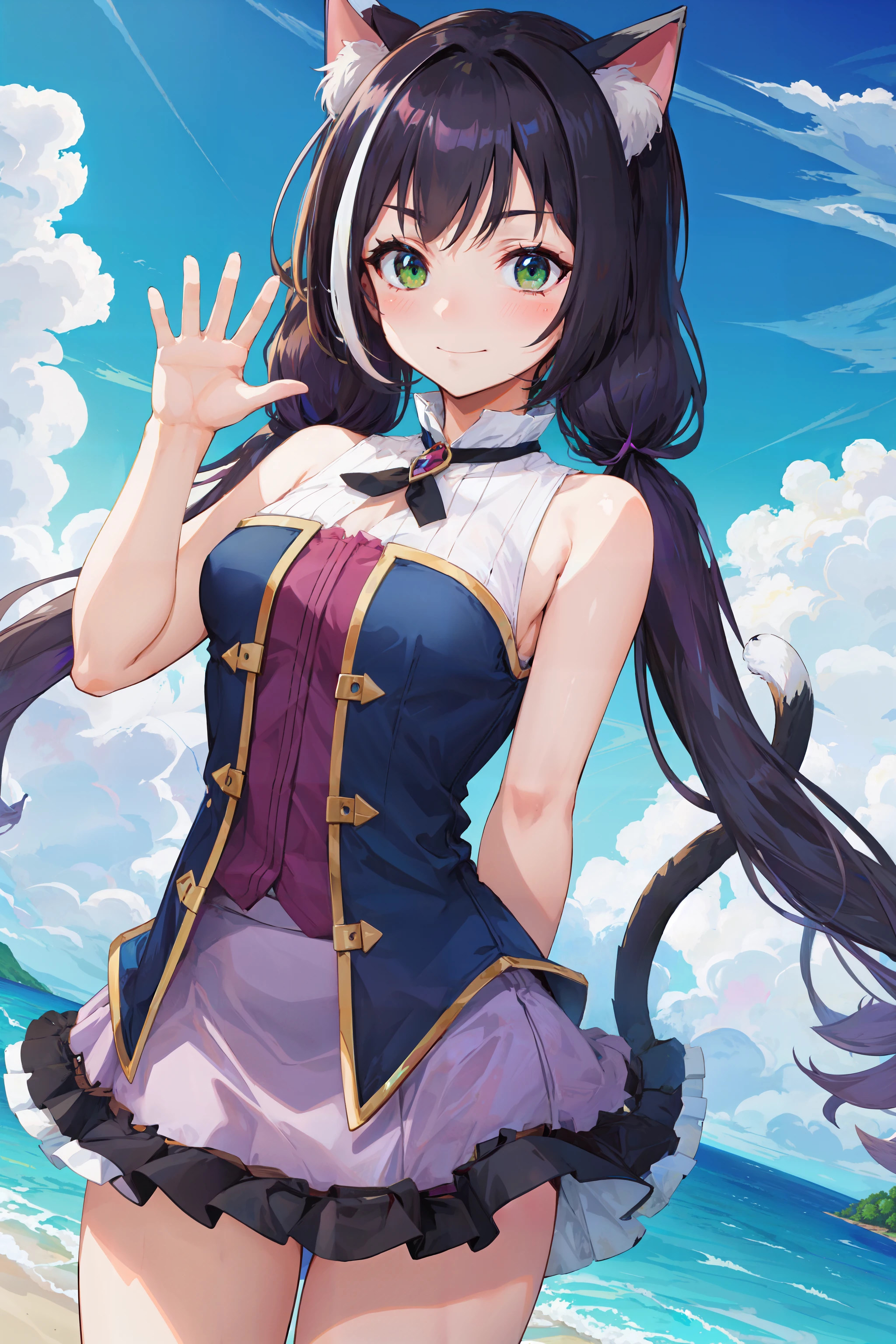 masterpiece, best quality, ultra-detailed, 1girl, bangs, bare arms, bare shoulders, blush, breasts, closed mouth, dutch angle, hand up, karyl, low twintails, medium breasts, purple skirt, shirt, skirt, sleeveless, sleeveless shirt, smile, outdoors, split mouth, tail, twintails, cat tail, waving, arm behind back <lora:karylV1:1>