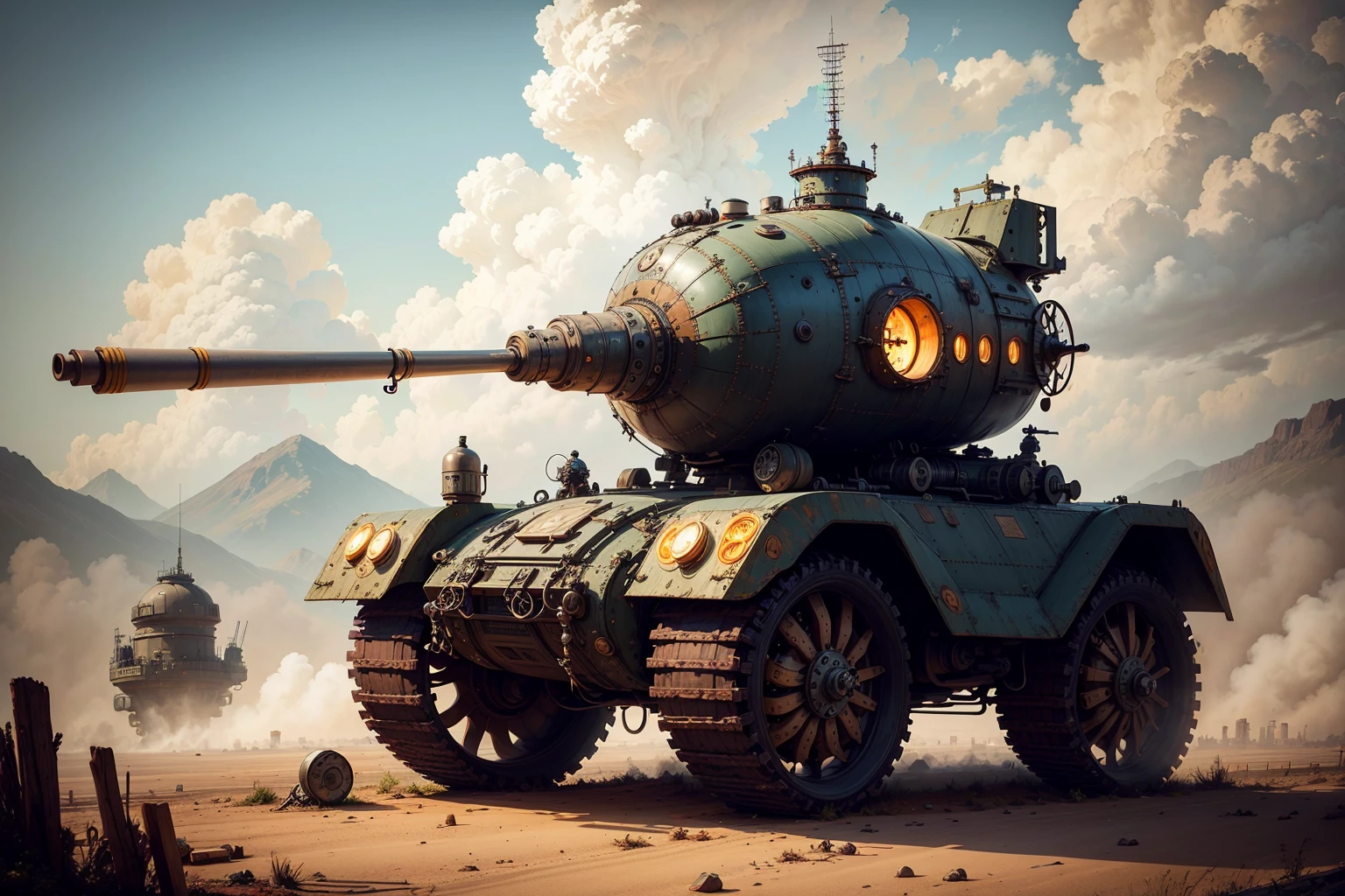 steampunkai,war, giant robot,steampunk tank