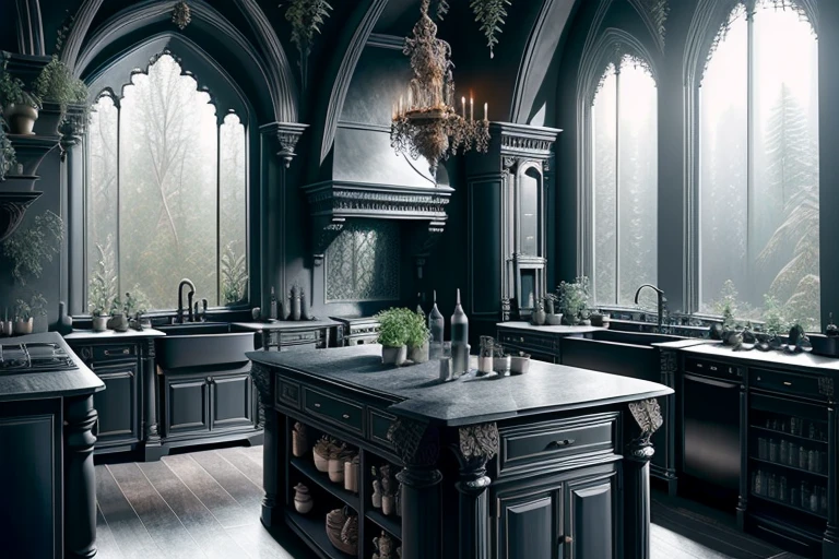 dark, house, kitchen, gothic, magicalinterior style, cottage interior, goth, treehouse interior, kitchen decor, kitchen design, black, no humans, window, scenery, plant, indoors, table, bottle, sunlight, chair
