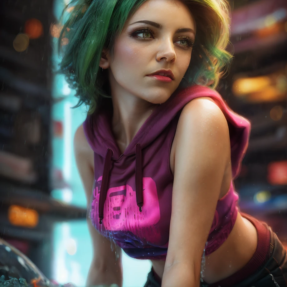 best quality, masterpiece, cinematic, realistic, cyberpunk, cyberpunk city, neon, volumetric lighting, black sky, (raining, thunderstorm), 1girl, (scarlet witch clothing, hoodie, pants, punk clothes), (flowing green hair), water reflecting off ground, bubble butt, No-one21, dark brown eyes, big breasts, closed mouth