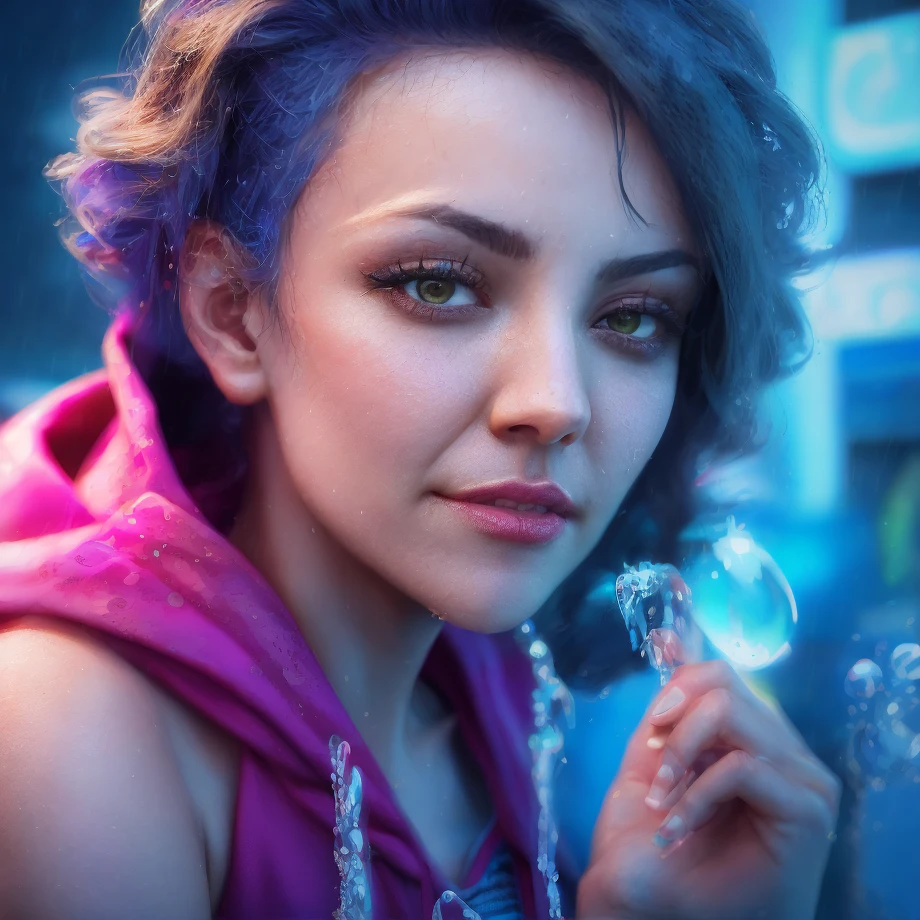 best quality, masterpiece, cinematic, realistic, cyberpunk, cyberpunk city, neon, volumetric lighting, black sky, (raining, thunderstorm), 1girl, (scarlet witch clothing, hoodie, pants, punk clothes), (flowing blue hair), water reflecting off ground, bubble butt, No-one21, dark brown eyes, big breasts, closed mouth