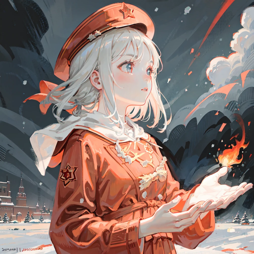 CCCPposter, soviet,red monochrome, (from_side), 1girl, solo, beautiful_face,(snow:1.2), (storm:1.2), tiny flame on her hands, looking_forward,(dark clouds),upper body, <lora:sovietPioneers_sopiV10:0.75>, <lora:CCCPposter_v2.0_locon_noiseoffset_AdamW8bits:0.7>