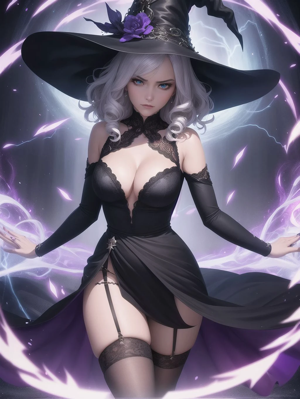 solo, masterpiece, best quality, perfect face, medium shot of a witch with curly silver hair under a witch hat, mystical sorceress, (surrounded by intense swirling energy:1.2), dominant and intimidating, cleavage, sexy lace dress (black and violet), stockings, intricate and elegant, colorful, vivid