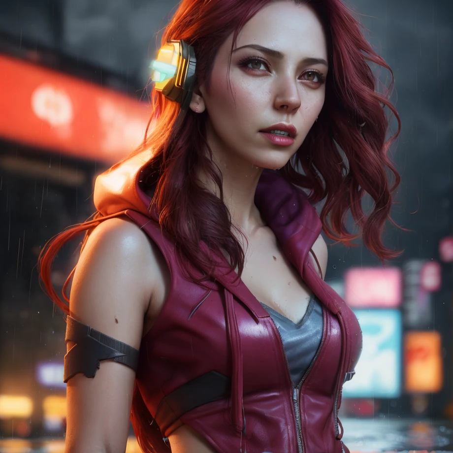 best quality, masterpiece, cinematic, realistic, cyberpunk, cyberpunk city, neon, volumetric lighting, black sky, (raining, thunderstorm), 1girl, (scarlet witch clothing, hoodie, pants, punk clothes), (flowing red hair), water reflecting off ground, bubble butt, No-one28, (dark brown eyes), big breasts, closed mouth