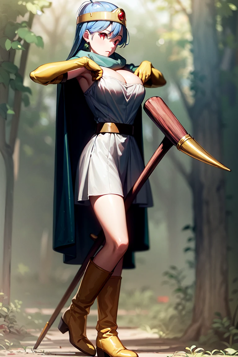 (masterpiece, best quality:1.1), (nature, outdoors:1.2) sage_(dq3), 1girl, adjusting clothes, solo, blue hair, circlet, red eyes, large breasts, white dress, cleavage, elbow gloves, jewelry, boots, belt, cape, holding, staff, yellow footwear, <lora:DQ3Sage:0.7>