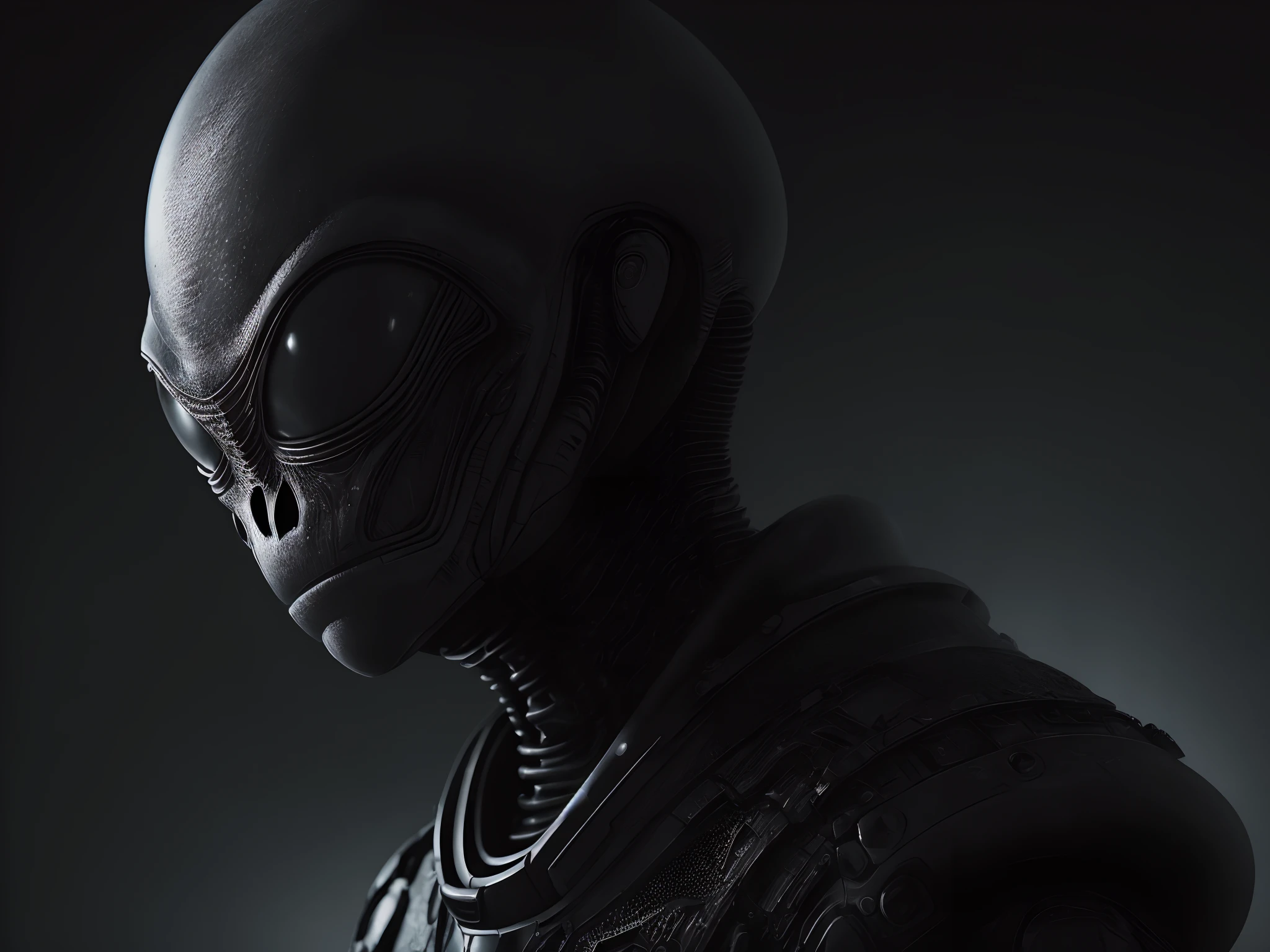award winning studio photo portrait, (1 alien:1.4),  (close up:1.1), without helm, obsidian armor, north pole, Russia, Siberia, blizzard, small village, deep night, dark, low light, northern lights in the sky, lots of details, high detailed, futuristic landscape, cyberpunk, hight quaility, detailed texture, cinema shot, hdr, sharp focus, no human