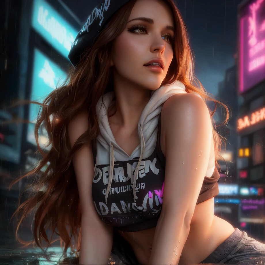 best quality, masterpiece, cinematic, realistic, cyberpunk, cyberpunk city, neon, volumetric lighting, black sky, (raining, thunderstorm), 1girl, (cyberpunk clothing, hoodie, pants, punk clothes), (flowing brown hair), water reflecting off ground, bubble butt, No-one30, (dark brown eyes), big breasts, closed mouth