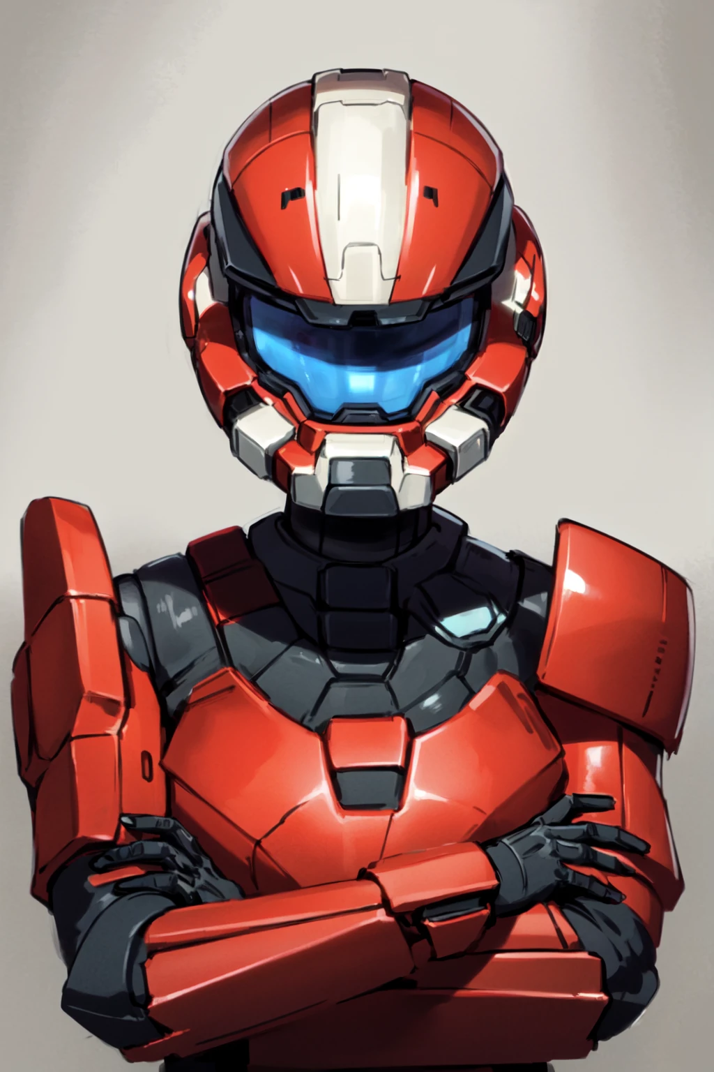 spartan, 1girl, solo, helmet, faceless, armor, gloves, power armor, science fiction, crotch plate, breastplate, breasts, simple background, (((upper body, portrait)))