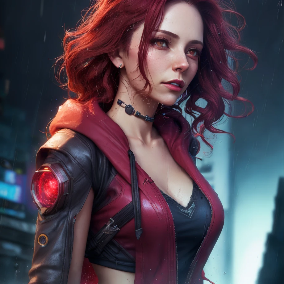 best quality, masterpiece, cinematic, realistic, cyberpunk, cyberpunk city, neon, volumetric lighting, black sky, (raining, thunderstorm), 1girl, (scarlet witch clothing, hoodie, pants, punk clothes), (flowing red hair), water reflecting off ground, bubble butt, No-one28, (dark brown eyes), big breasts, closed mouth