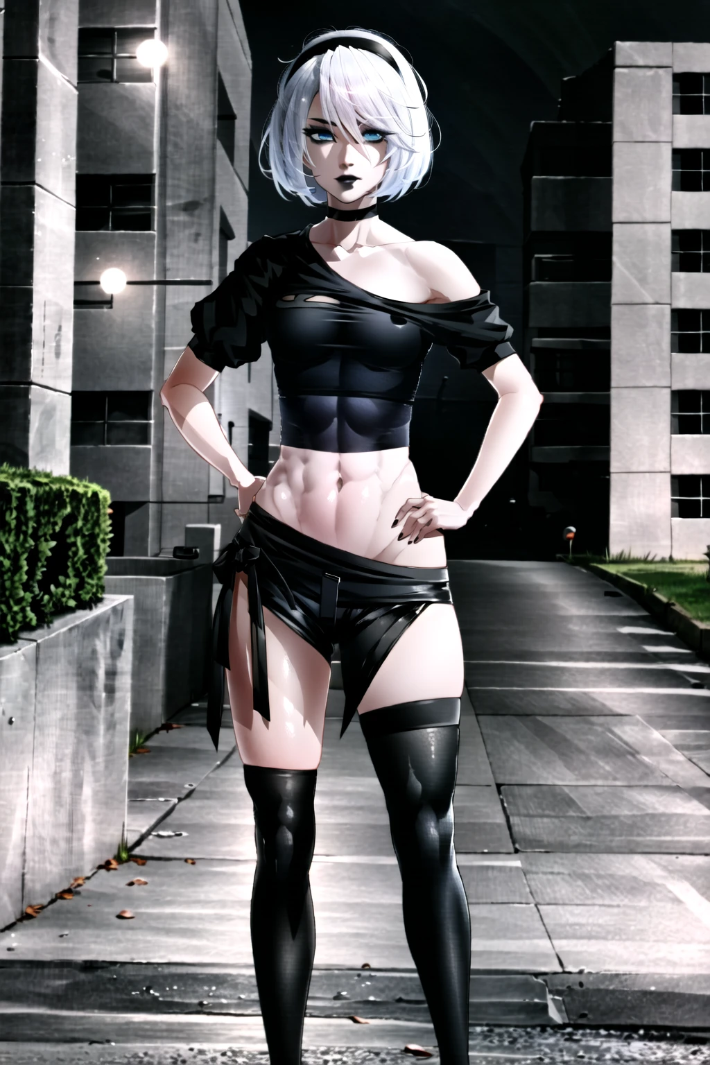 solo, 1girl, yorha no. 2 type b, white short hair, blue eyes, mole under mouth, goth girl, goth makeup, (gothic), (black lips), black hairband, choker, single bare shoulder shirt short, crop top, short sleeves, navel, ripped black shorts, asymmetrical legwear, uneven legwear, fishnets, black boots, standing, hand on hip, expressionless, looking away, city, sidewalk, city lights, night, night sky, outdoors, full body, <lora:negative-e12-15:-1.5>