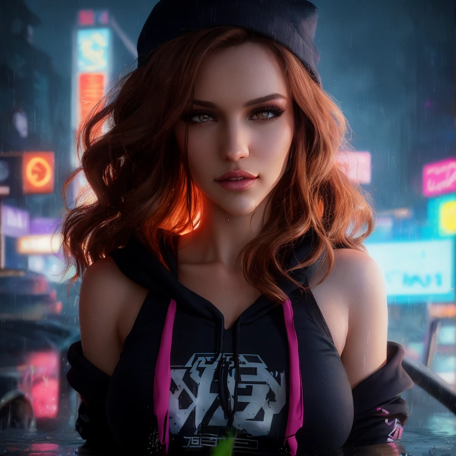 best quality, masterpiece, cinematic, realistic, cyberpunk, cyberpunk city, neon, volumetric lighting, black sky, (raining, thunderstorm), 1girl, (cyberpunk clothing, hoodie, pants, punk clothes), (flowing brown hair), water reflecting off ground, bubble butt, No-one30, (dark brown eyes), big breasts, closed mouth