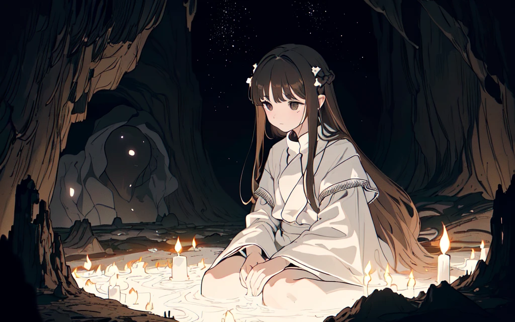 (best quality, masterpiece), (1girl, solo,brown robe, expression face, looking away, sitting, wide sleeves, black eyes, closed mouth, long hair, upper body), (Monochrome, night sky at cave entrance , light rising from the bottom, inside Cave, floating glowing bunch of white particles, burning fire at behind, floating many white small fires),