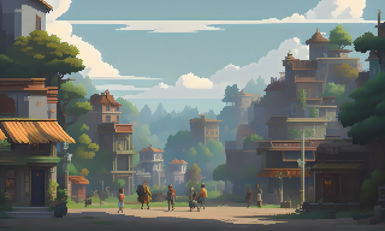 pixelart photorealistic environment medium city Medivel small city clouldy at day , with people walking around, fine details, award winning image, highly detailed, 16k, cinematic perspective, ((video game environment concept art style)), pretty colors, asymmetrical camera composition, cinematic environment, cinematic atmosphere <lora:PIXHELL_21:1>