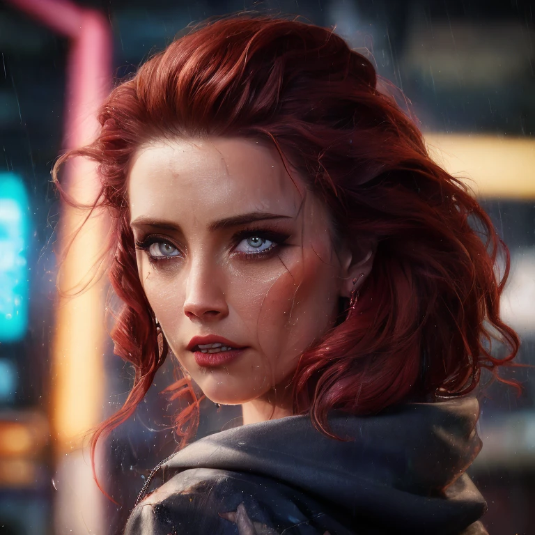 best quality, masterpiece, cinematic, realistic, cyberpunk, cyberpunk city, neon, volumetric lighting, black sky, (raining, thunderstorm), 1girl, (scarlet witch clothing, hoodie, pants, punk clothes), (flowing red hair), water reflecting off ground, ((hidden face)), close up, (torn clothes), bubble butt, No-one18, dark blue eyes