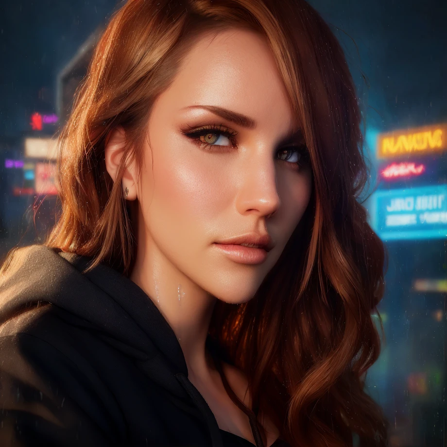 best quality, masterpiece, cinematic, realistic, cyberpunk, cyberpunk city, neon, volumetric lighting, black sky, (raining, thunderstorm), 1girl, (cyberpunk clothing, hoodie, pants, punk clothes), (flowing brown hair), water reflecting off ground, bubble butt, No-one30, (dark brown eyes), big breasts, closed mouth