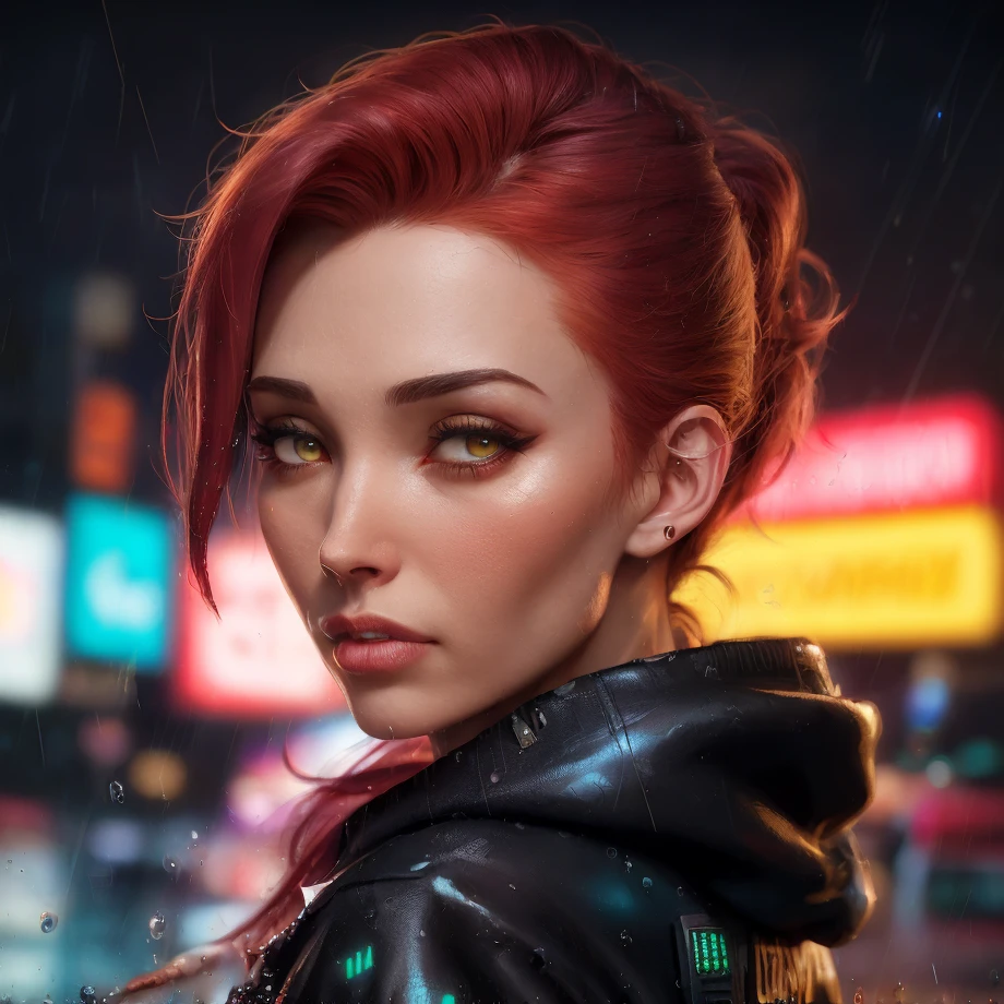 best quality, masterpiece, cinematic, realistic, cyberpunk, cyberpunk city, neon, volumetric lighting, black sky, (raining, thunderstorm), 1girl, (scarlet witch clothing, hoodie, pants, punk clothes), (flowing red hair), water reflecting off ground, bubble butt, No-one27, (dark brown eyes), big breasts, closed mouth