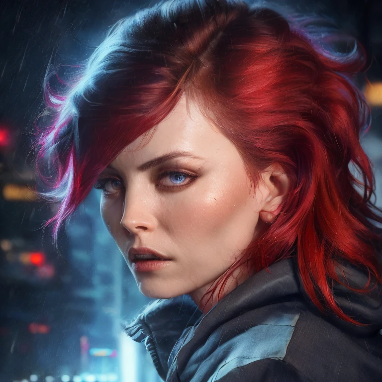 best quality, masterpiece, cinematic, realistic, cyberpunk, cyberpunk city, neon, volumetric lighting, black sky, (raining, thunderstorm), 1girl, (scarlet witch clothing, hoodie, pants, punk clothes), (flowing red hair), water reflecting off ground, ((hidden face)), close up, (torn clothes), bubble butt, No-one18, dark blue eyes