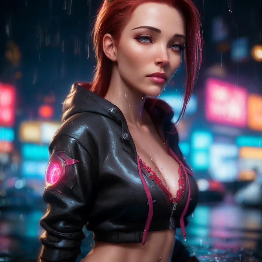 best quality, masterpiece, cinematic, realistic, cyberpunk, cyberpunk city, neon, volumetric lighting, black sky, (raining, thunderstorm), 1girl, (scarlet witch clothing, hoodie, pants, punk clothes), (flowing red hair), water reflecting off ground, bubble butt, No-one27, (dark brown eyes), big breasts, closed mouth