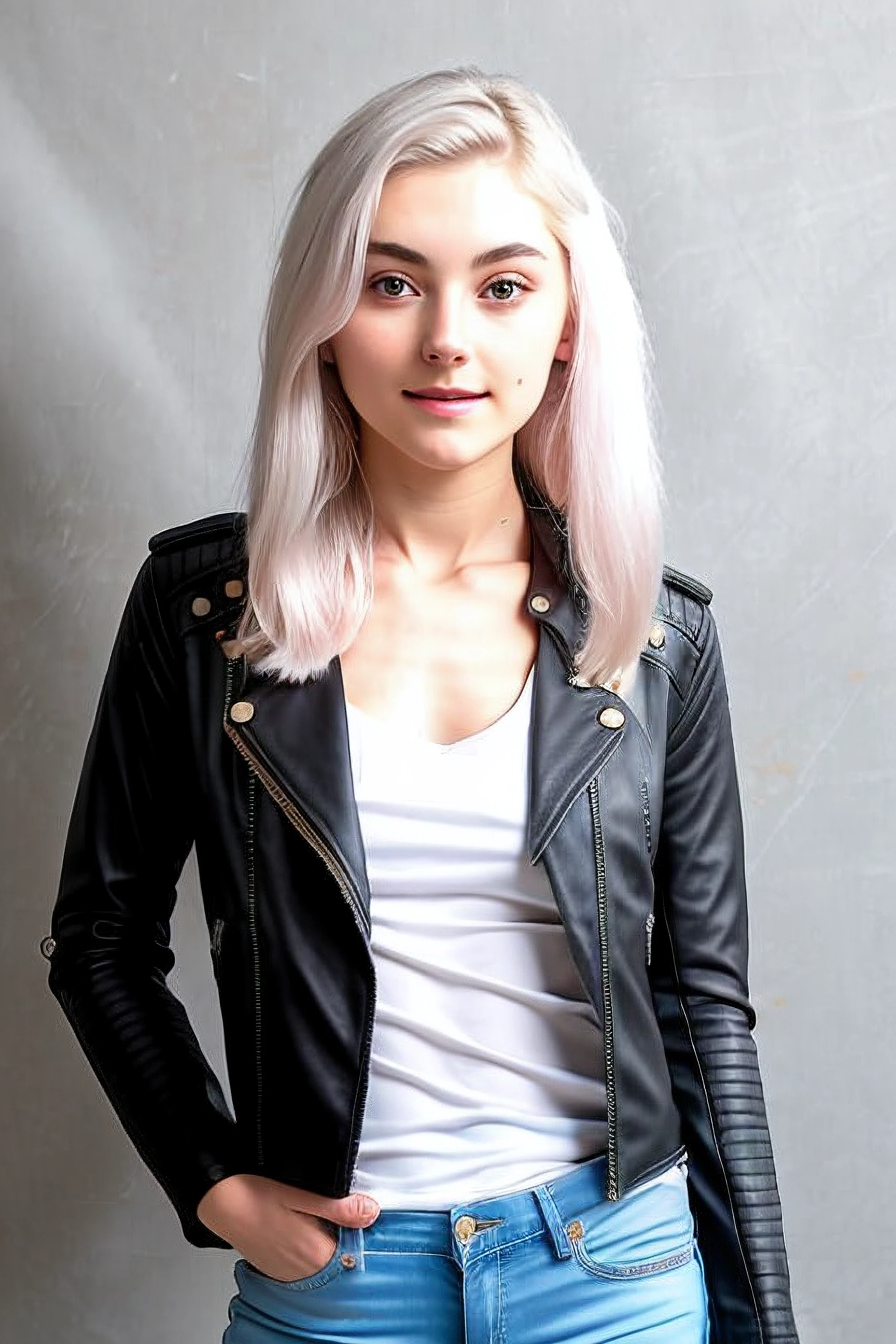 RAW photo, a photo of evaelfie00 wearing a white t-shirt, jeans and black leather jacket, wasteland background, (high detailed skin:1.2), 8k UHD, DSLR, soft lighting, high quality, film grain, Fujifilm XT3