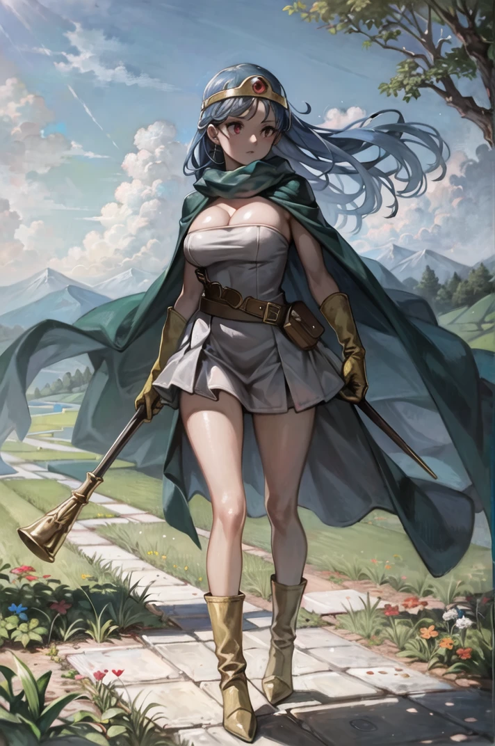 masterpiece, best quality, ultra-detailed, illustration, sage_(dq3), 1girl, (holding staff, staff:1.3), solo, long hair, blue hair, circlet, red eyes, large breasts, yellow gloves, white dress, belt, cape, boots, cleavage, bare shoulders, underwear, standing, full body, grass, wind lift, simple background, white background<lora:DQ3Sage:0.6>
