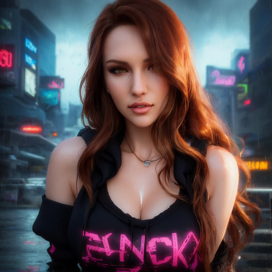 best quality, masterpiece, cinematic, realistic, cyberpunk, cyberpunk city, neon, volumetric lighting, black sky, (raining, thunderstorm), 1girl, (cyberpunk clothing, hoodie, pants, punk clothes), (flowing brown hair), water reflecting off ground, bubble butt, No-one30, (dark brown eyes), big breasts, closed mouth