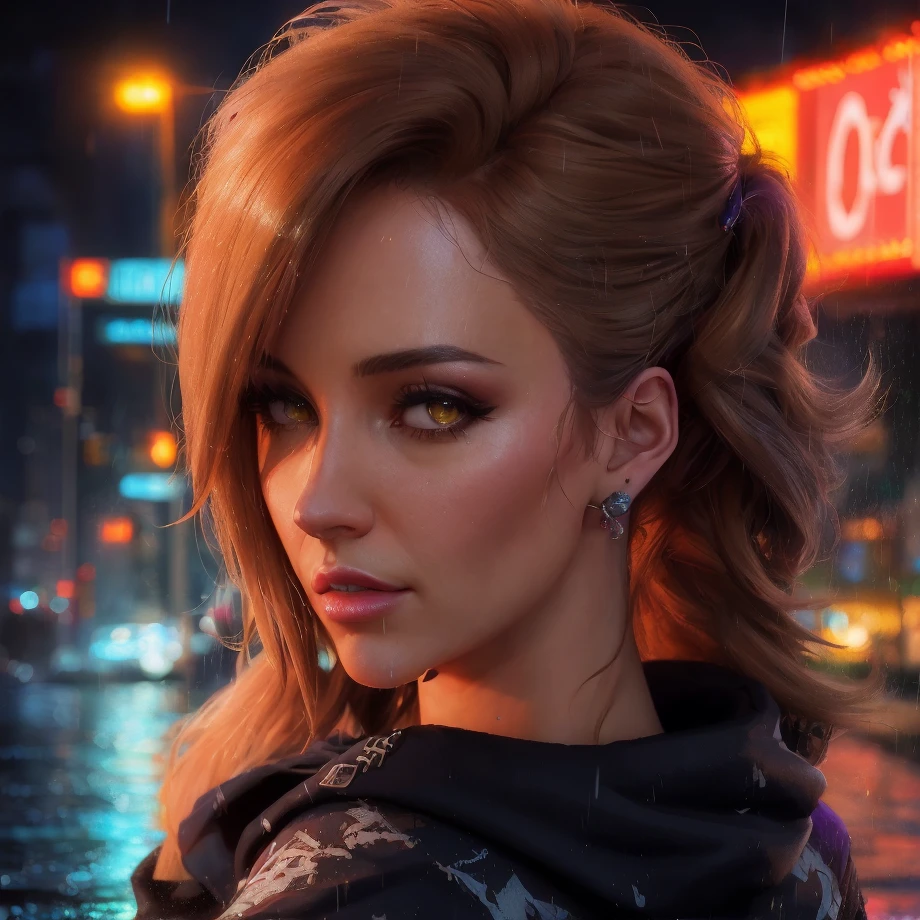 best quality, masterpiece, cinematic, realistic, cyberpunk, cyberpunk city, neon, volumetric lighting, black sky, (raining, thunderstorm), 1girl, (cyberpunk clothing, hoodie, pants, punk clothes), (flowing brown hair), water reflecting off ground, bubble butt, No-one29, (dark brown eyes), big breasts, closed mouth