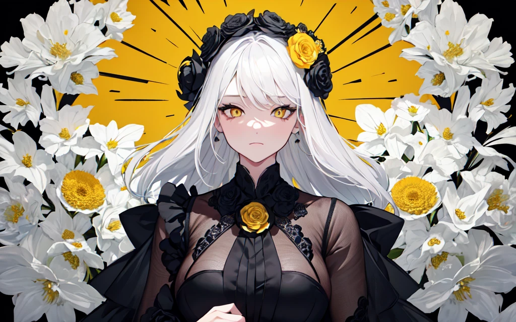 (best quality, masterpiece), (1girl, solo, black suit, standing , looking at viewer, white hair, yellow eyes, closed mouth, upper body), (giant black bouquet background, floral_background)