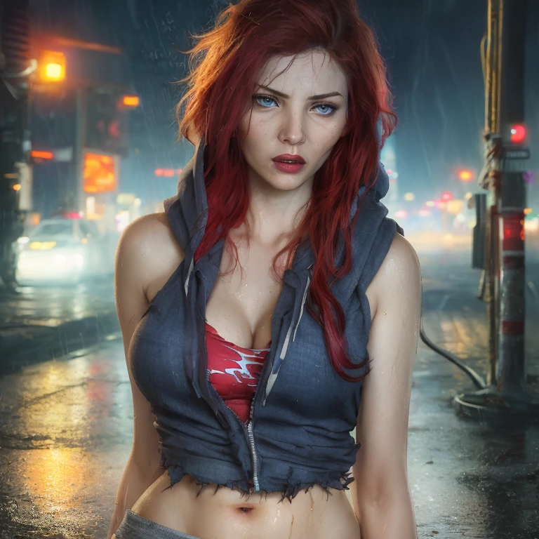 best quality, masterpiece, cinematic, realistic, cyberpunk, cyberpunk city, neon, volumetric lighting, black sky, (raining, thunderstorm), 1girl, (scarlet witch clothing, hoodie, pants, punk clothes), (flowing red hair), water reflecting off ground, ((hidden face)), close up, (torn clothes), bubble butt, No-one17, dark blue eyes