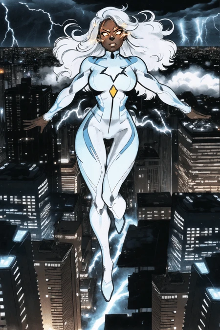 Comic book style, black line art, close up, picture from above of a 30 years old (African American) woman, levitating, city at night in the background, wearing (plain white latex bodysuit), long (white hair) blowing in wind, looking superior, electricity coming from hands, small breasts, (thunderstorm:1.4), (night:1.2), flat colors, dynamic angle, dynamic lighting, debris flying around, action shot, explosions, highly detailed eyes, perfect hands, intricate hands