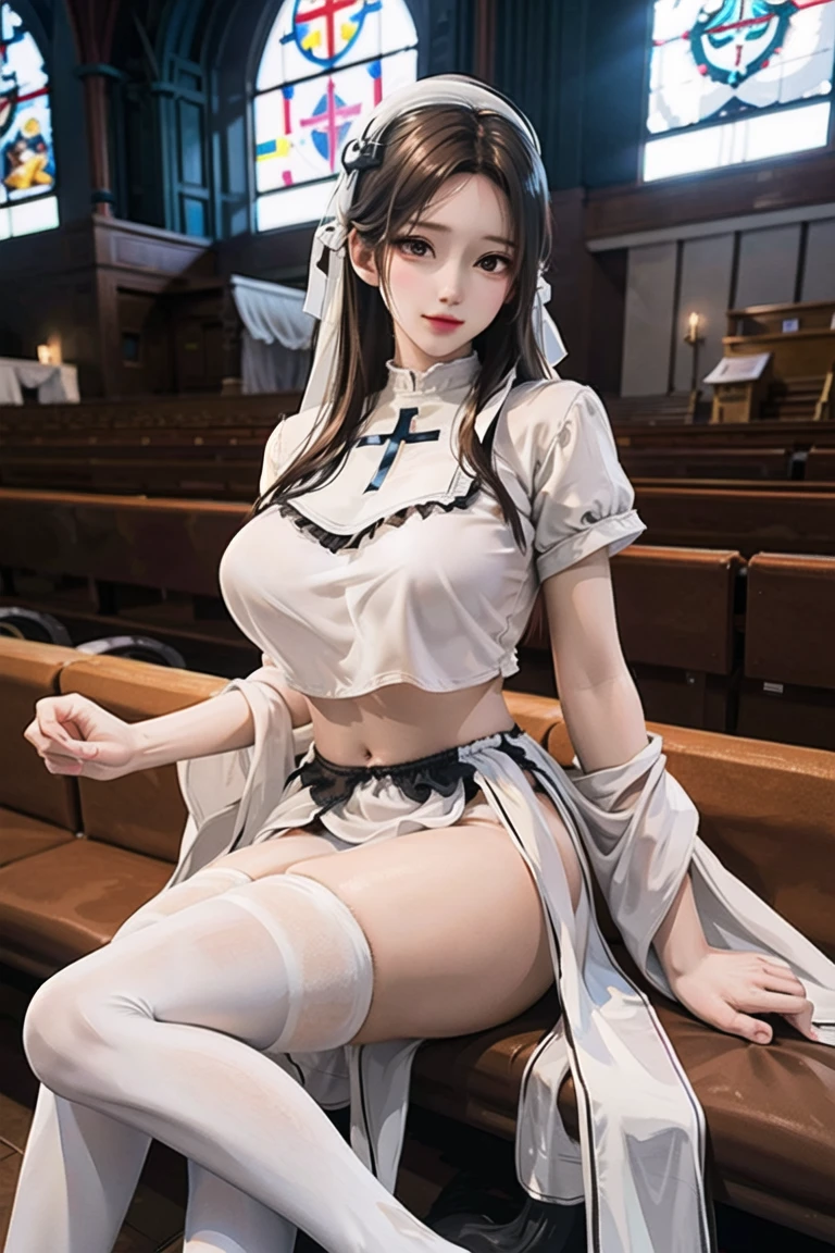 perfect skin,(8k, RAW photo, best quality, masterpiece:1.2), (realistic, photo-realistic:1.4),1girl, (aegyo sal:1), professional lighting, photon mapping, radiosity, physically-based rendering <lora:nun:0.8>  <lora:koreanDollLikeness_v15:0.6>,white thighhighs, hair ornament, church, white wimple