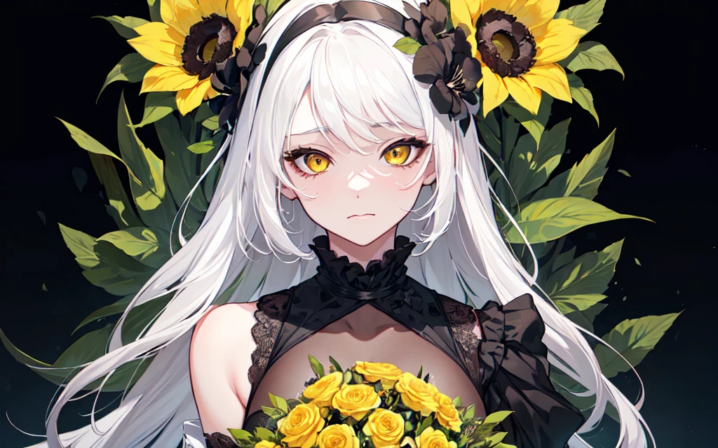 (best quality, masterpiece), (1girl, solo, black suit, standing , looking at viewer, white hair, yellow eyes, closed mouth, upper body), (giant black bouquet background, floral_background)